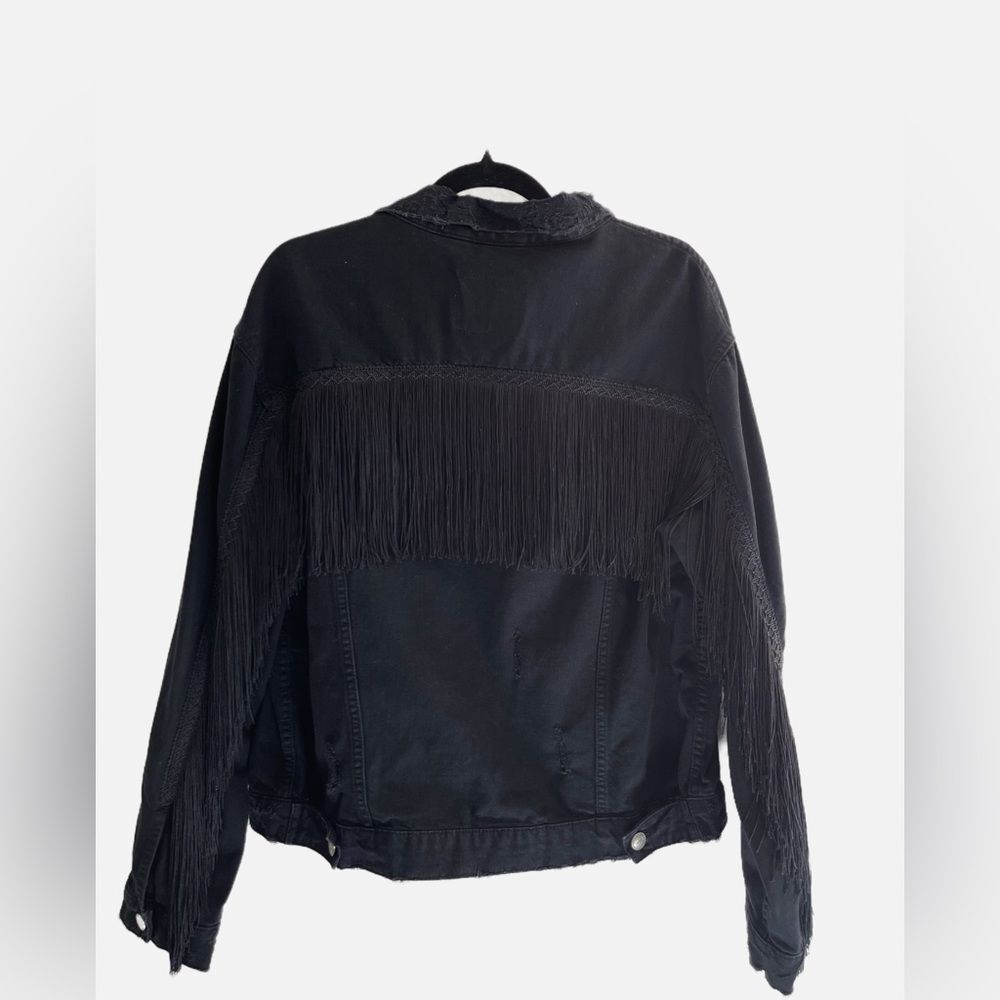 Zara Women's Black Fringe tassel distressed Denim Jacket - Picture 4 of 12